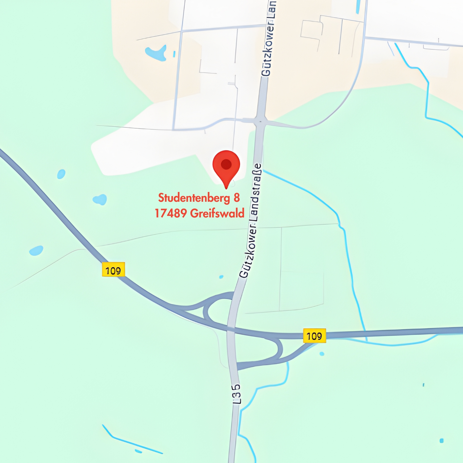 Eine Karte mit Markierung des Standorts Studenberg8, 17489 Greifswald Malerbetrieb Rostalski